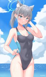 Rule 34 | 1girl, absurdres, animal ear fluff, animal ears, black one-piece swimsuit, blue archive, blue eyes, blue sky, breasts, clothes pull, cloud, competition swimsuit, covered navel, cowboy shot, cross hair ornament, day, extra ears, frontal wedgie, grey hair, hair ornament, halo, highres, kyujuukyu, low ponytail, medium breasts, medium hair, mismatched pupils, multicolored clothes, multicolored swimsuit, one-piece swimsuit, one-piece swimsuit pull, outdoors, shiroko (blue archive), shiroko (swimsuit) (blue archive), sky, solo, swimsuit, wedgie