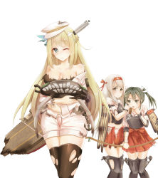 Rule 34 | &gt;:d, 3girls, :d, blush, boots, breasts, cosplay, crossover, flight deck, historical event, kantai collection, large breasts, lexington (warship girls r), long hair, multiple girls, open mouth, shoukaku (kancolle), simple background, smile, thigh boots, thighhighs, tongue, tongue out, torn clothes, torpedo, v-shaped eyebrows, warship girls r, white background, wo-class aircraft carrier, wo-class aircraft carrier (cosplay), yuemanhuaikong, zettai ryouiki, zuikaku (kancolle)