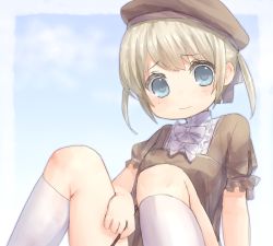 Rule 34 | 1girl, bad id, bad pixiv id, black dress, blonde hair, blue eyes, blue sky, cloud, day, dress, hat, looking at viewer, original, out-of-frame censoring, sawatari (sado), short hair, sitting, sky, solo, twintails