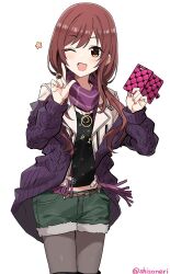 Rule 34 | 1girl, belt, black shirt, blush, brown belt, brown hair, cellphone, fur-trimmed shorts, fur trim, green shorts, grey pantyhose, holding, holding phone, idolmaster, idolmaster shiny colors, index finger raised, jacket, jewelry, long hair, long sleeves, looking at viewer, midriff peek, necklace, off shoulder, one eye closed, open clothes, open jacket, open mouth, osaki amana, pantyhose, phone, pink nails, purple scarf, purple sweater, scarf, shirt, shisoneri, shorts, simple background, smartphone, smartphone case, smile, solo, sweater, swept bangs, twitter username, white background, white jacket, yellow eyes