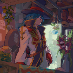 Rule 34 | 1boy, black coat, black hat, blue hair, boots, brown footwear, closed mouth, coat, commentary request, cross, flora (ragnarok online), flower, hat, high priest (ragnarok online), highres, jar, layered clothes, long sleeves, looking to the side, male focus, medium hair, pink flower, pixiv id, plant, potion, ragnarok online, red eyes, shop, sign, signature, solo, standing, tennohi, top hat, tree, upper body, vase, white coat