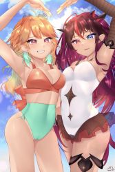 Rule 34 | 2girls, absurdres, bikini, blue eyes, breasts, cleavage, earrings, feather earrings, feathers, gradient hair, green hair, hair behind ear, heart arms duo, heterochromia, highres, hololive, hololive english, horns, irys (hololive), jewelry, maka aratame, medium breasts, multicolored hair, multiple girls, one-piece swimsuit, open mouth, orange bikini, orange hair, parted lips, purple eyes, purple hair, smile, swimsuit, takanashi kiara, thigh strap, virtual youtuber, white one-piece swimsuit