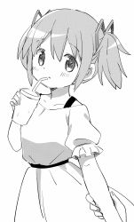 Rule 34 | 1girl, :o, alternate costume, breasts, collarbone, cup, disposable cup, dot nose, dress, drink, drinking straw, expressionless, fingernails, frilled sleeves, frills, greyscale, hair between eyes, hair ribbon, highres, holding, holding another&#039;s wrist, holding cup, kaname madoka, light blush, looking at viewer, looking to the side, mahou shoujo madoka magica, mahou shoujo madoka magica (anime), monochrome, off-shoulder dress, off shoulder, pov, pov hands, puffy short sleeves, puffy sleeves, ribbon, short sleeves, short twintails, sidelocks, simple background, small breasts, solo, surprised, tsubaki (tatajd), twintails, water, water drop, white background, wide-eyed