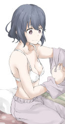 Rule 34 | 1girl, bed, bed sheet, blue hair, bra, changing clothes, closed mouth, collarbone, commentary request, dressing, elf (stroll in the woods), highres, mature female, messy hair, morning, on bed, pajamas, pajamas pull, pink pajamas, purple eyes, shima saki, sitting, underwear, white background, white bra, yurucamp