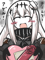 Rule 34 | 10s, 1girl, abyssal ship, aircraft carrier water oni, bandages, bare shoulders, bite mark, blush stickers, bow, box, bsndage on head, commentary request, crossed bandaids, elbow gloves, closed eyes, flower, gift, gift box, gloves, goma (gomasamune), hair ornament, heart, holding, holding gift, kantai collection, long hair, rose, smile, smoke, solo, translation request, valentine