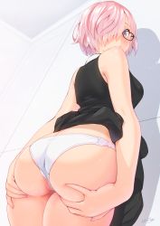 Rule 34 | 1girl, alternate costume, ass, bare arms, breasts, censored, closed mouth, dress, fate/grand order, fate (series), glasses, hair over one eye, hands on ass, highres, mash kyrielight, mosaic censoring, nanahime, panties, pink hair, purple eyes, shadow, short hair, sleeveless, sleeveless dress, solo, underwear, wedgie, white panties