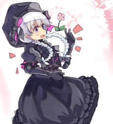 Rule 34 | 10s, 1girl, black dress, blush, braid, doll joints, dress, fate/extra, fate (series), flower, gloves, joints, normaland, nursery rhyme (fate), open mouth, pink background, pink eyes, ribbon, solo, twin braids, white hair