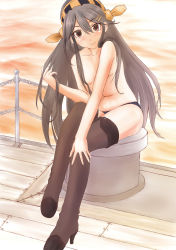 Rule 34 | 10s, absurdres, black hair, black panties, blush, boots, brown eyes, dryman, hairband, haruna (kancolle), highres, kantai collection, looking at viewer, navel, ocean, panties, personification, sitting, smile, solo, thigh boots, thighhighs, underwear, underwear only