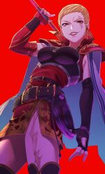 1girl aduti_momoyama belt blonde_hair breasts fingerless_gloves fire_emblem fire_emblem:_the_blazing_blade gloves highres holding holding_weapon lipstick makeup medium_breasts nintendo polearm red_lips scar scar_across_eye scar_on_leg short_hair vaida_(fire_emblem) weapon wrist_guards yellow_eyes