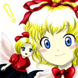 Rule 34 | !, 1girl, blonde hair, blue eyes, blush stickers, bow, bow choker, choker, closed mouth, hair ribbon, lowres, medicine melancholy, medinki, official style, red bow, red choker, red ribbon, ribbon, short hair, simple background, smile, su-san, touhou, upper body, white background, zun (style)