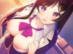 Rule 34 | 1girl, black hair, blazer, blurry, blurry background, bokeh, bow, breasts, breasts out, cleavage, depth of field, hair ornament, hairclip, highres, indoors, itsui (dihydrogenmonoxid), jacket, large breasts, long hair, looking at viewer, nipples, no bra, non-web source, original, parted lips, purple eyes, school uniform, solo