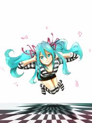 Rule 34 | 1girl, aqua eyes, aqua hair, flying, hatsune miku, headphones, listening to music, musical note, shadow, solo, striped clothes, striped thighhighs, thighhighs, twintails, vocaloid, yammy (artist), yammy (cellblo)