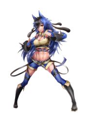 Rule 34 | 1girl, abs, animal ears, artist name, belt, black footwear, black hair, blue hair, blue thighhighs, boots, breasts, cleavage, creatures (company), detached sleeves, eyepatch, fingerless gloves, full body, game freak, gen 4 pokemon, gloves, highres, large breasts, lucario, midriff, miso tanuki, multicolored hair, navel, nintendo, one eye covered, personification, pokemon, redrawn, solo, spikes, thighhighs, two-tone hair, white background, yellow eyes