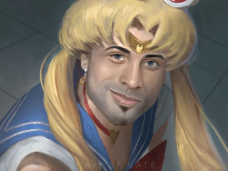 Rule 34 | 1boy, art of neight, bishoujo senshi sailor moon, bishoujo senshi sailor moon s, blonde hair, blouse, blue eyes, blue sailor collar, bow, bowtie, choker, closed mouth, cosplay, crescent, crescent earrings, crossdressing, derivative work, diadem, earrings, facial hair, gachimuchi pants wrestling, goatee, hair ornament, heart, heart choker, jewelry, long hair, looking at viewer, male focus, manly, meme, parody, realistic, red bow, red bowtie, red choker, ricardo milos, sailor collar, sailor moon, sailor moon (cosplay), sailor moon redraw challenge (meme), school uniform, serafuku, shirt, smile, smirk, smug, solo, twintails, what, white shirt, wrestling (series)