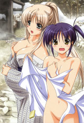Rule 34 | 00s, 2girls, blue eyes, blue hair, breasts, censored, cleavage, convenient censoring, covering privates, covering breasts, flat chest, higa yukari, highres, isis eaglet, japanese clothes, kimono, large breasts, lily strosek, long hair, lyrical nanoha, mahou senki lyrical nanoha force, mahou shoujo lyrical nanoha, multiple girls, non-web source, nude, nude cover, onsen, open mouth, ponytail, soap, very long hair, yellow eyes, yukata