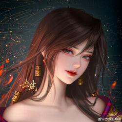 Rule 34 | 1girl, absurdres, artist request, bare shoulders, brown hair, chi lian (qinshi mingyue), closed mouth, collarbone, dress, earrings, embers, expressionless, head tilt, highres, jewelry, long hair, looking at viewer, portrait, qinshi mingyue, realistic, second-party source, solo, strapless, strapless dress