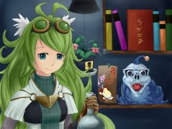 Rule 34 | 1girl, ahoge, alchemic magician, blue eyes, book, duel monster, goggles, green hair, indoors, long hair, madolche magileine, plant, tagme, twin ahoge, water spirit, yu-gi-oh!