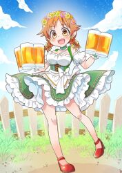 Rule 34 | 1girl, apron, asami, beer mug, blue sky, blush, bow, braid, breasts, brown eyes, brown hair, choker, cleavage, cloud, commentary, cup, day, detached sleeves, dirndl, dress, earrings, fence, flower earrings, frilled skirt, frilled wristband, frills, german clothes, grass, green choker, green dress, head wreath, holding, idolmaster, idolmaster cinderella girls, jewelry, katagiri sanae, large breasts, legs, looking at viewer, low twin braids, medium hair, mug, open mouth, outdoors, red footwear, ribbon, skirt, sky, smile, solo, teeth, thighs, twin braids, upper teeth only, waist apron, white bow, wooden fence, yellow ribbon
