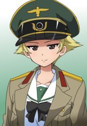 Rule 34 | 10s, 1girl, black bow, black bowtie, blonde hair, blouse, bow, bowtie, brown eyes, brown jacket, closed mouth, commentary request, erwin (girls und panzer), girls und panzer, goggles, goggles on headwear, gradient background, green background, green hat, hat, jacket, long sleeves, looking at viewer, military hat, military jacket, nanashiro gorou, ooarai school uniform, open clothes, open jacket, peaked cap, pointy hair, school uniform, serafuku, shirt, short hair, smile, solo, upper body, white shirt