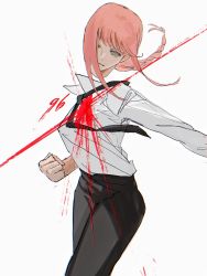 Rule 34 | 1girl, black pants, blood, blood on clothes, braid, brown hair, chainsaw man, clenched hand, collared shirt, decapitation, fighting stance, highres, long hair, long sleeves, makima (chainsaw man), necktie, pants, ponytail, shirt, sleeves past elbows, solo, ssword, white background, white shirt, yellow eyes