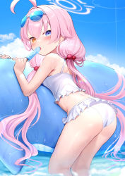 Rule 34 | 1girl, absurdres, ahoge, ass, bare arms, bare shoulders, bikini, blue-tinted eyewear, blue archive, blue sky, blush, bra, cloud, commentary, day, eating, eyewear on head, food, frilled bikini, frills, from side, hair bobbles, hair ornament, halo, heterochromia, highres, holding food, holding ice cream, hoshino (blue archive), hoshino (swimsuit) (blue archive), huge ahoge, ice cream, inflatable toy, inflatable whale, long hair, looking at viewer, low twintails, ocean, official alternate costume, open mouth, outdoors, pink hair, popsicle, sky, solo, somray, sunglasses, swimsuit, thighs, tinted eyewear, twintails, underwear, wading, wedgie, wet, white-framed eyewear, white bikini