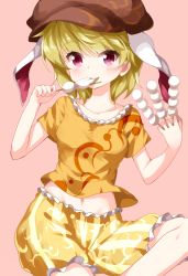 Rule 34 | 1girl, animal ears, blonde hair, breasts, brown hat, collarbone, commentary request, dango, earclip, eating, feet out of frame, flat cap, floppy ears, food, frills, hat, highres, holding, holding food, medium breasts, midriff, moon rabbit, orange shirt, rabbit ears, ringo (touhou), ruu (tksymkw), shirt, short hair, shorts, sitting, skewer, solo, striped clothes, striped shorts, touhou, vertical-striped clothes, vertical-striped shorts, wagashi, white shorts, yellow shorts