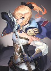 Rule 34 | 1girl, belt, blonde hair, blue capelet, blush, bow, breasts, capelet, cleavage, closed mouth, drawing sword, gauntlets, genshin impact, hair bow, highres, holding, holding sword, holding weapon, jean (genshin impact), long hair, looking at viewer, medium breasts, multicolored capelet, pants, ponytail, sheath, sidelocks, smile, solo, sword, taba comya, tight clothes, tight pants, weapon, white pants