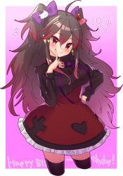 Rule 34 | 1girl, :q, ahoge, black shirt, black thighhighs, blush, bow, brown hair, center frills, closed mouth, commentary request, cropped legs, dated, eighth note, frilled skirt, frills, gradient hair, hair bow, hair ornament, hand up, happy birthday, heart, heart hair ornament, index finger raised, jigatei (omijin), kuusou code plus, long hair, long sleeves, looking at viewer, multicolored hair, musical note, purple background, purple bow, red eyes, red hair, red skirt, shirt, skirt, smile, solo, thighhighs, tongue, tongue out, two-tone background, very long hair, virtual youtuber, white background, yoruno tobari
