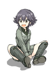 Rule 34 | 10s, 1girl, black footwear, black hair, black shirt, boots, braid, brown eyes, commentary request, days135, dress shirt, full body, girls und panzer, grey jacket, grey skirt, highres, jacket, knee boots, long sleeves, military, military uniform, miniskirt, open mouth, pencil skirt, pepperoni (girls und panzer), shirt, short hair, side braid, simple background, sitting, sketch, skirt, smile, solo, uniform, v arms, white background