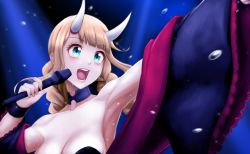 Rule 34 | 1girl, armpits, bare shoulders, blonde hair, blue background, braid, breasts, choker, cleavage, collarbone, fingerless gloves, fingernails, flying sweatdrops, gloves, highres, holding, holding microphone, horns, large breasts, long sleeves, microphone, multicolored eyes, music, open mouth, outstretched arm, paripi koumei, singing, solo, sphere-stc, sweat, teeth, tongue, tsukimi eiko, twin braids, wide-eyed, wide sleeves