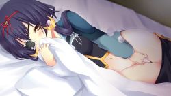 Rule 34 | 1girl, artist request, bed, black hair, black pants, blue capelet, blue shirt, blush, breasts, capelet, clothes pull, crescent, crescent hair ornament, date masamune (sengoku hime), eyepatch, female masturbation, game cg, hair ornament, hair ribbon, hair tubes, hairband, long hair, long sleeves, lying, masturbation, medium breasts, navel, on bed, pants, pants pull, pussy juice, red ribbon, ribbon, sengoku hime, sengoku hime 6, shirt, sidelocks, smelling, solo, source request, wide sleeves, yellow eyes