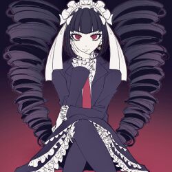 Rule 34 | 1girl, black background, black jacket, black thighhighs, celestia ludenberg, center frills, crossed legs, danganronpa: trigger happy havoc, danganronpa (series), drill hair, earrings, frilled skirt, frills, gothic lolita, hand up, highres, jacket, jewelry, layered skirt, lolita fashion, long hair, long sleeves, necktie, red background, red eyes, red necktie, satori (aosky9077), sitting, skirt, smile, solo, thighhighs, twin drills, twintails