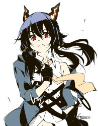 Rule 34 | 1girl, adjusting clothes, adjusting necktie, arknights, black gloves, black horns, blue hair, blue jacket, breasts, ch&#039;en (arknights), collared shirt, commentary request, dated, dragon girl, dragon horns, fingerless gloves, floating hair, frown, gloves, hair between eyes, hand on own hip, highres, horns, jacket, long hair, long sleeves, looking at viewer, medium breasts, navel, necktie, off-shoulder jacket, off shoulder, open clothes, open jacket, red eyes, shikei, shirt, sidelocks, simple background, single bare shoulder, solo, twintails, white background, white shirt, yellow necktie