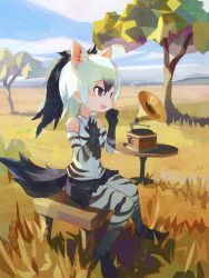 Rule 34 | 10s, :d, aardwolf (kemono friends), animal ears, animal print, backlighting, bare shoulders, black footwear, black gloves, black hair, black necktie, black pantyhose, black shorts, blue sky, blush, brown eyes, clenched hand, cloud, collared shirt, day, elbow gloves, extra ears, full body, gloves, gradient gloves, gradient hair, gradient legwear, grass, hair between eyes, hand on own chest, hands up, high ponytail, horizontal-striped legwear, kemono friends, knees together feet apart, long hair, looking away, multicolored clothes, multicolored gloves, multicolored hair, multicolored legwear, music, necktie, official style, open mouth, outdoors, pantyhose, phonograph, ponytail, print gloves, print pantyhose, print shirt, saltlaver, savannah, shadow, shirt, shoes, short shorts, shorts, sidelocks, singing, sitting, sky, sleeveless, sleeveless shirt, smile, solo, striped clothes, striped gloves, striped pantyhose, striped shirt, sunlight, tail, tatsuki (irodori) (style), tree, tsurime, two-tone gloves, two-tone hair, two-tone legwear, white gloves, white hair, white pantyhose, white shirt