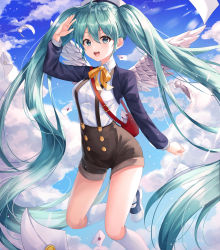 Rule 34 | 1girl, alternate costume, aqua hair, blue eyes, blue jacket, breasts, clothing request, cloud, day, ekina (1217), feathers, green hair, hair between eyes, hat, hatsune miku, high-waist shorts, highres, jacket, kneehighs, long hair, long sleeves, looking at viewer, medium breasts, open mouth, outdoors, red bag, ribbon, shirt, shorts, skirt, sky, socks, solo, thighhighs, twintails, very long hair, vocaloid, white feathers, white hat, white shirt, white wings, wings, yellow neckwear, yellow ribbon