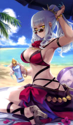 Rule 34 | 1girl, absurdres, ass, ball, beach, beachball, bikini, bottle, bracelet, breasts, butt crack, carmilla (fate), carmilla (summertime mistress) (fate), cleavage, cloud, cropped, day, fate/grand order, fate (series), fingernails, flower, from behind, grey hair, high heels, highres, jewelry, large breasts, long fingernails, looking back, looking over eyewear, looking over glasses, ocean, official art, outdoors, red-tinted glasses, saitou hiroki, scan, seiza, sitting, solo, sunglasses, swimsuit, tinted eyewear, very long fingernails, water, yellow eyes