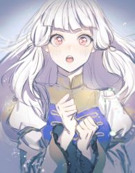 Rule 34 | 1girl, black t t, blush, closed mouth, dress, fire emblem, fire emblem: three houses, fire emblem warriors: three hopes, hair ornament, long hair, long sleeves, looking at viewer, lysithea von ordelia, nintendo, official alternate costume, official alternate hairstyle, open mouth, pink eyes, simple background, solo, upper body, white hair