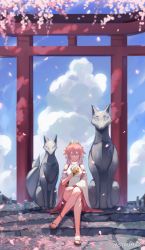Rule 34 | 1girl, absurdres, astruma2, blue sky, breasts, cherry blossoms, closed eyes, cloud, commentary, crossed legs, day, detached sleeves, earrings, eating, english commentary, falling petals, food, fox statue, genshin impact, hand on own thigh, hand on thigh, headgear, highres, holding, holding food, japanese clothes, jewelry, leaf, long hair, long sleeves, medium breasts, miko, necklace, petals, pink hair, red footwear, sandals, sitting, sky, smile, solo, stairs, statue, torii, twitter username, white sleeves, wide sleeves, yae miko