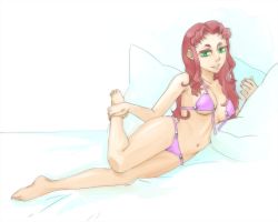 Rule 34 | 1girl, animification, barefoot, bikini, breasts, daisuke (dice k00), dc comics, gradient background, green eyes, long hair, lying, navel, on side, parted lips, pillow, pink bikini, red hair, solo, starfire, swimsuit, teen titans, untied bikini