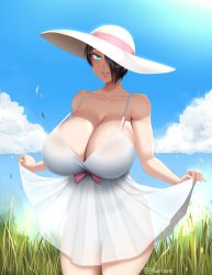 Rule 34 | 1girl, aqua eyes, bare arms, bare shoulders, black hair, blue sky, breasts, cleavage, cloud, collarbone, commentary, day, dress, english commentary, grass, hair over one eye, hat, highres, huge breasts, one eye covered, original, outdoors, parted lips, saya (twrlare), see-through silhouette, short hair, skirt hold, sky, sleeveless, sleeveless dress, smile, solo, sun hat, sundress, twrlare, white dress, white hat