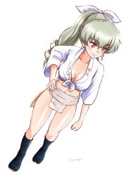 Rule 34 | 1girl, absurdres, anchovy (girls und panzer), blush, breasts, cleavage, closed mouth, collarbone, drill hair, full body, fundoshi, girls und panzer, green hair, hair ribbon, hand on own hip, happi, highres, hiyama yuu (wee259hiyama), japanese clothes, long hair, medium breasts, navel, no bra, red eyes, ribbon, simple background, smile, solo, twin drills, white background