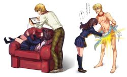 Rule 34 | 10s, bad id, bad pixiv id, blonde hair, brown eyes, brown hair, couch, fate/extra, fate/extra ccc, fate (series), gilgamesh (fate), glowing, goenitzchild, ipad, kishinami hakuno (female), official alternate costume, penis, red eyes, tablet pc, tattoo, translated