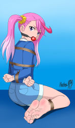 Rule 34 | 1girl, absurdres, ass, ball gag, barefoot, bdsm, blue eyes, body blush, bondage, bound, bound ankles, bound wrists, digimon, digimon universe: appli monsters, foot focus, gag, gagged, highres, karan eri, looking back, multicolored hair, pink hair, rope, scrunchie, shadow xcp, shorts, twintails