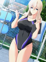 Rule 34 | 1girl, atelier kaguya, blonde hair, blue eyes, breasts, brick, chain-link fence, clipboard, competition swimsuit, day, fence, game cg, grass, highleg, highleg swimsuit, hoshino minamo, huge breasts, impossible clothes, impossible swimsuit, kickboard, large breasts, long hair, m&amp;m, navel, one-piece swimsuit, outdoors, poolside, smile, solo, splash!, standing, swimsuit, thigh gap, thighs, whistle