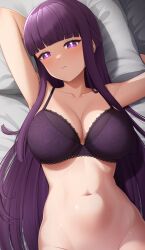 Rule 34 | 1girl, absurdres, blunt bangs, bottomless, bra, breasts, cleavage, closed mouth, collarbone, fern (sousou no frieren), highres, large breasts, long hair, lying, navel, no panties, on back, on bed, purple bra, purple eyes, purple hair, shadow, solo, sousou no frieren, stomach, underwear, underwear only, yisusjpl