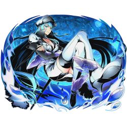 Rule 34 | 10s, 1girl, absurdly long hair, akame ga kill!, alpha transparency, blue eyes, blue hair, boots, breasts, choker, cleavage, collarbone, crossed arms, divine gate, esdeath, full body, hat, high heels, ice, long hair, medium breasts, military, military hat, military uniform, official art, sheath, skirt, smile, solo, thigh boots, thighhighs, transparent background, ucmm, uniform, very long hair, white footwear, white thighhighs