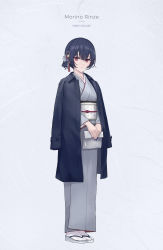 Rule 34 | 1girl, absurdres, bag, black coat, black hair, blue flower, blue nails, character name, closed mouth, coat, coat on shoulders, commentary request, copyright name, crossed bangs, expressionless, fingernails, flower, full body, grey background, grey flower, grey footwear, grey kimono, hair between eyes, hair flower, hair ornament, highres, holding, holding bag, idolmaster, idolmaster shiny colors, japanese clothes, kimono, long sleeves, looking at viewer, morino rinze, nail polish, obi, obijime, open clothes, open coat, red eyes, red flower, sandals, sash, short hair, solo, standing, sugai (4ugaii), tabi, tassel, v arms, white legwear, zouri
