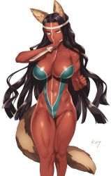 Rule 34 | 1girl, animal ears, aqua eyes, bare shoulders, black hair, bodypaint, breasts, cleavage, clenched hand, dark-skinned female, dark skin, fate/grand order, fate (series), forehead, genderswap, genderswap (mtf), geronimo (fate), highres, holding, holding weapon, kemonomimi mode, leotard, muscular, muscular female, navel, revealing clothes, rokkotsu, shiny skin, simple background, solo, tail, weapon, white background, wolf ears, wolf tail