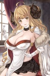 Rule 34 | 1girl, :d, ahoge, anila (granblue fantasy), bed, black skirt, blonde hair, blunt bangs, blush, breasts, cape, cleavage, commentary, cowboy shot, curled horns, curtains, draph, fur-trimmed cape, fur trim, gloves, granblue fantasy, hair intakes, highres, horns, hoshido1214, indoors, lap pillow invitation, large breasts, long hair, looking at viewer, mimikaki, open mouth, pelvic curtain, pleated skirt, ribbon-trimmed skirt, ribbon trim, sitting, skirt, smile, solo, thick eyebrows, white gloves, window, yellow eyes