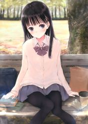 Rule 34 | 1girl, absurdres, arms at sides, bag, bench, black eyes, black hair, black pantyhose, blush, book, book stack, bow, bowtie, cardigan, coffee, cup, day, fujita hidetoshi, grey skirt, head tilt, highres, legs together, long hair, long sleeves, looking at viewer, miniskirt, napkin, on bench, original, outdoors, pantyhose, paper bag, park, park bench, pleated skirt, school bag, school uniform, sitting, skirt, sleeves past wrists, smile, solo, striped bow, striped bowtie, striped clothes, striped neckwear, sweater, tree, unbuttoned, wing collar